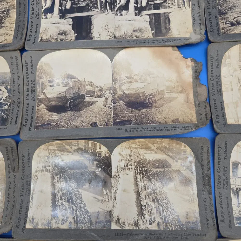Keystone WWI Stereoview Card Lot 14 Trench Tank Pershing Gas Attack Antique